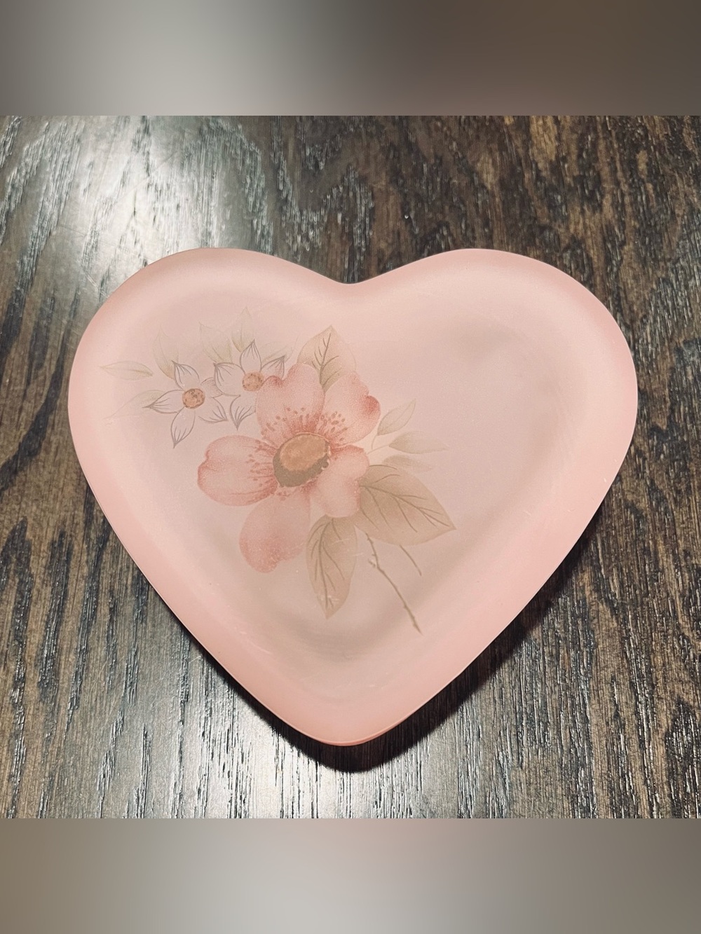 Vintage Viking Glass frosted pink satin heart shaped trinket box